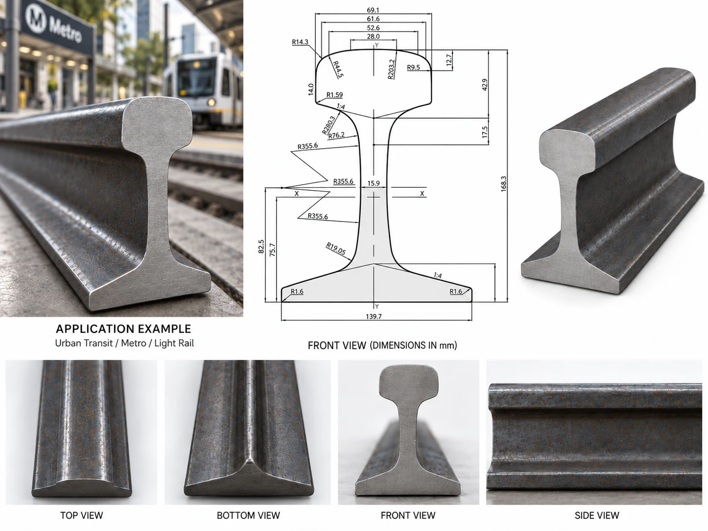 115RE product sheet — perspective, dimensions and views
