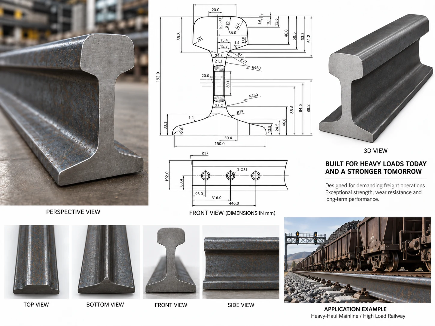 75kg/m product sheet — perspective, dimensions and views